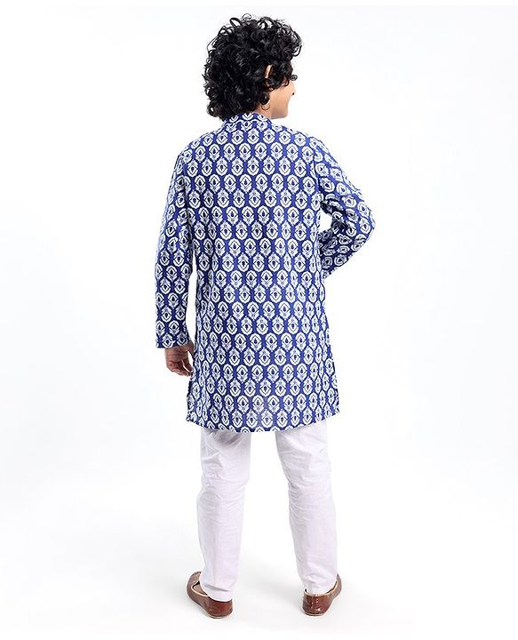 Pine Kids 100% Cotton Woven Full Sleeves Floral Printed Kurta - Blue