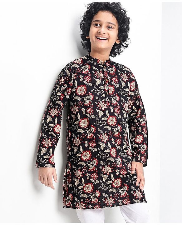 Pine Kids 100% Cotton Woven Full Sleeves Floral Printed Kurta - Black