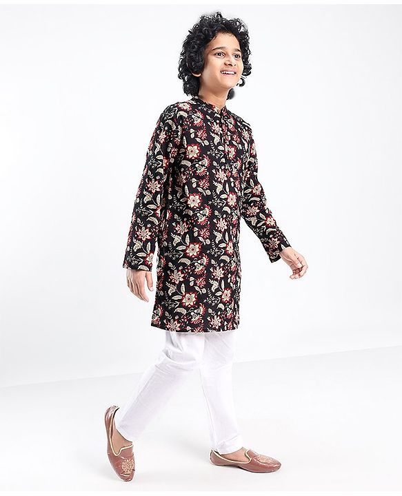 Pine Kids 100% Cotton Woven Full Sleeves Floral Printed Kurta - Black