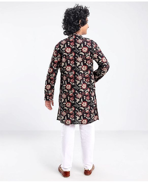 Pine Kids 100% Cotton Woven Full Sleeves Floral Printed Kurta - Black