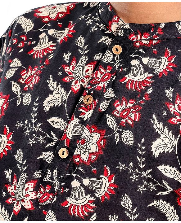 Pine Kids 100% Cotton Woven Full Sleeves Floral Printed Kurta - Black