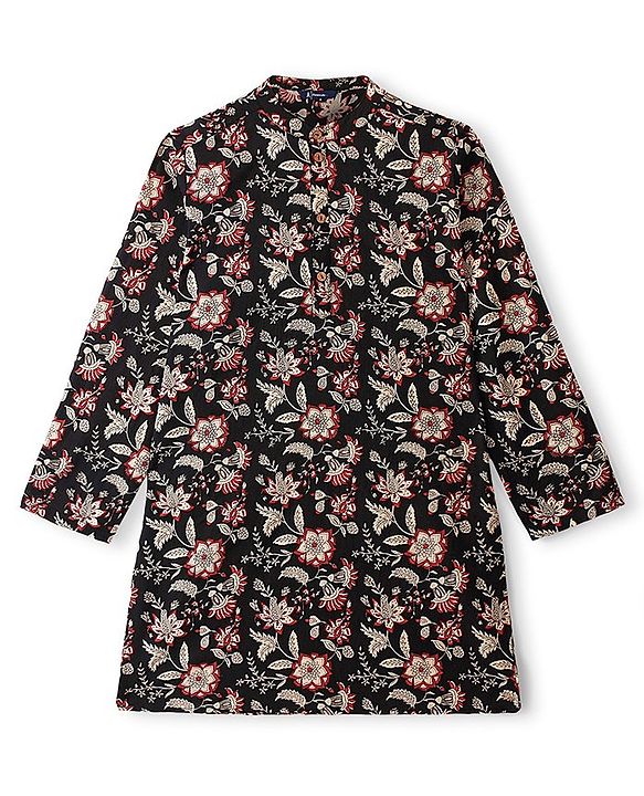 Pine Kids 100% Cotton Woven Full Sleeves Floral Printed Kurta - Black