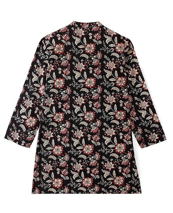 Pine Kids 100% Cotton Woven Full Sleeves Floral Printed Kurta - Black