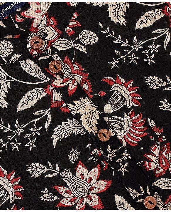 Pine Kids 100% Cotton Woven Full Sleeves Floral Printed Kurta - Black