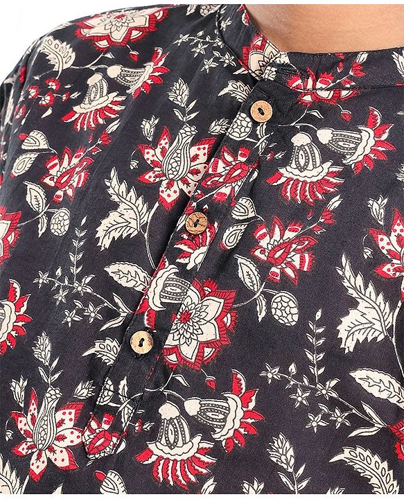 Pine Kids 100% Cotton Woven Full Sleeves Floral Printed Kurta - Black