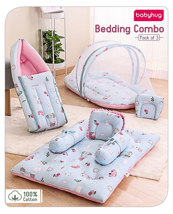 Babyhug Premium Bedding Super Saver Combo Set of 3 Bunny Print- Blue
