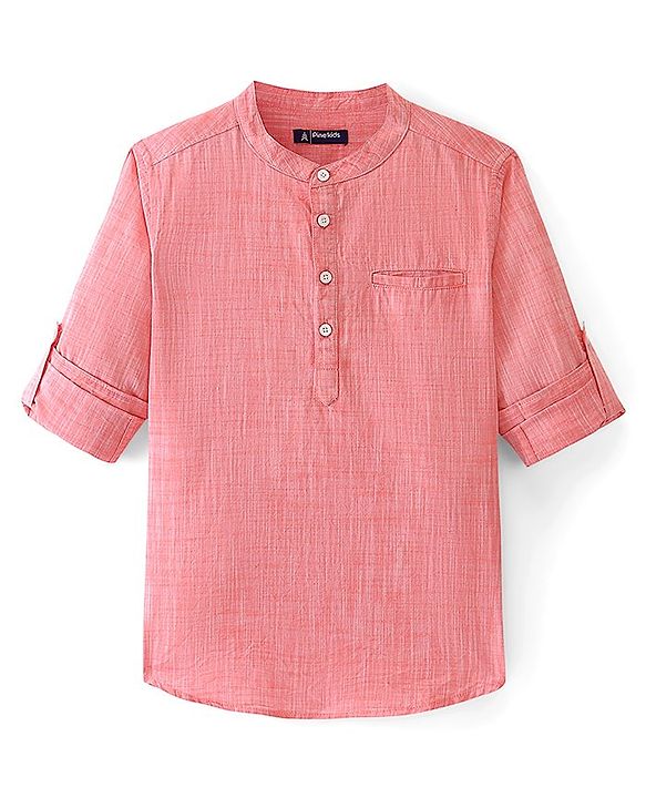 Pine Kids Cotton Full Sleeves Roll Up Shirt With Mandarin Collar - Orange