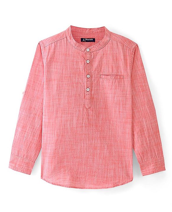 Pine Kids Cotton Full Sleeves Roll Up Shirt With Mandarin Collar - Orange
