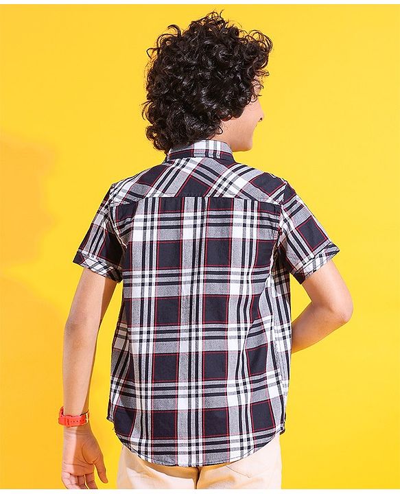 Pine Kids Woven Cotton Knit Half Sleeve Checks Shirt With T Shirt - Black & White