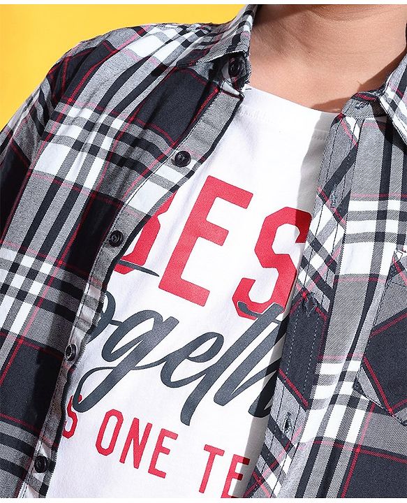 Pine Kids Woven Cotton Knit Half Sleeve Checks Shirt With T Shirt - Black & White