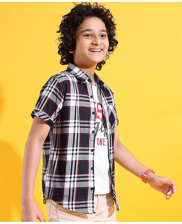 Pine Kids Woven Cotton Knit Half Sleeve Checks Shirt With T Shirt - Black & White