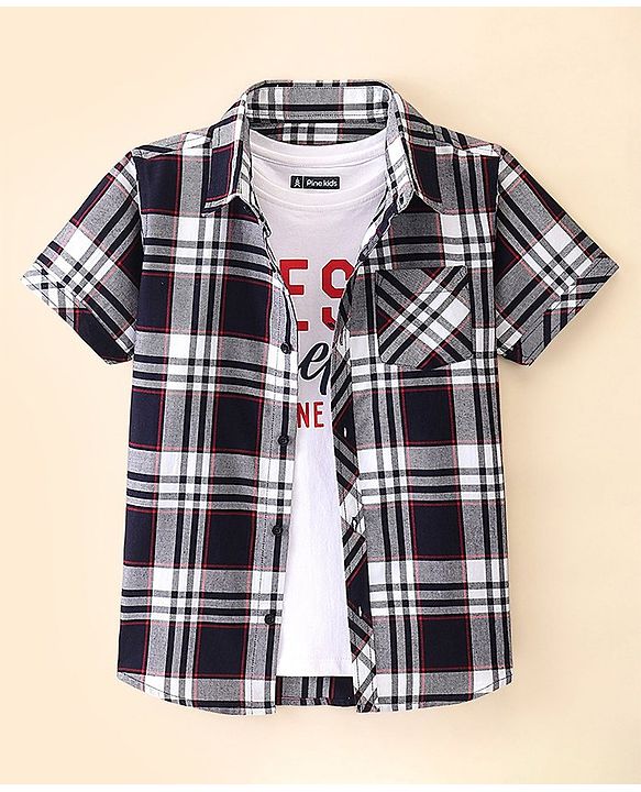 Pine Kids Woven Cotton Knit Half Sleeve Checks Shirt With T Shirt - Black & White