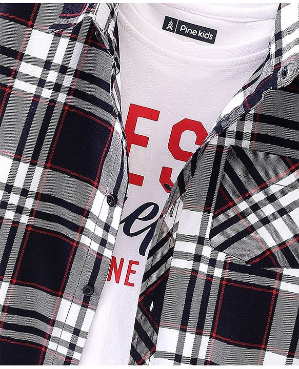 Pine Kids Woven Cotton Knit Half Sleeve Checks Shirt With T Shirt - Black & White