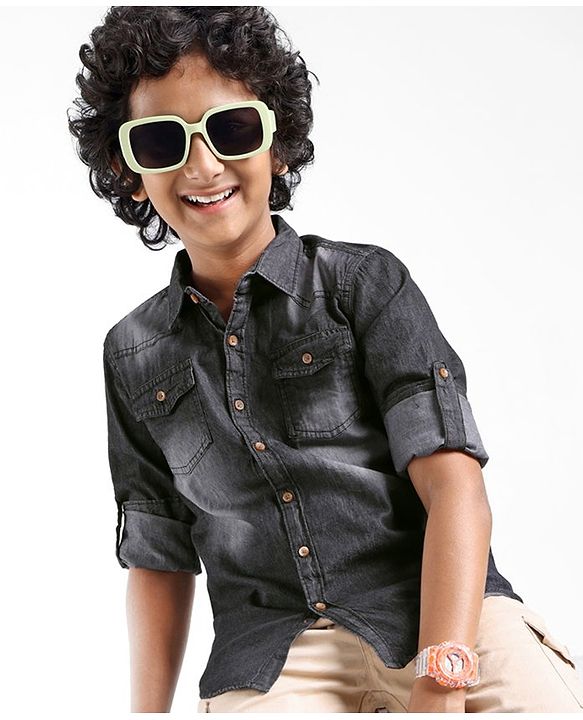 Pine Kids Cotton Woven Full Sleeves Washed Denim Shirt - Black