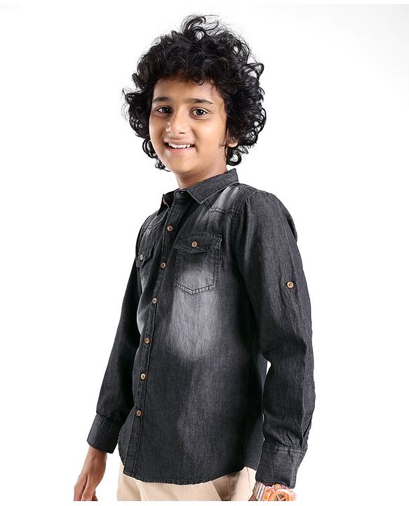 Pine Kids Cotton Woven Full Sleeves Washed Denim Shirt - Black