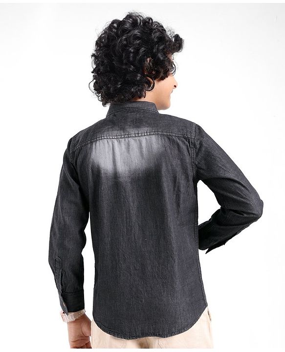 Pine Kids Cotton Woven Full Sleeves Washed Denim Shirt - Black