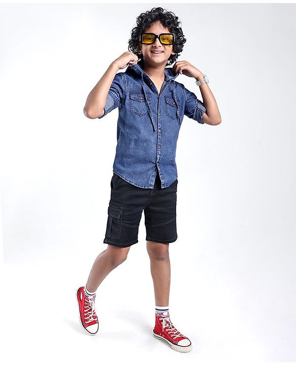 Pine Kids Cotton Woven Full Sleeve Denim Hooded Shirt With Pocket Solid Color- Blue