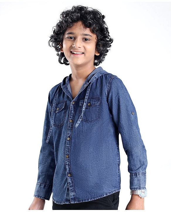 Pine Kids Cotton Woven Full Sleeve Denim Hooded Shirt With Pocket Solid Color- Blue