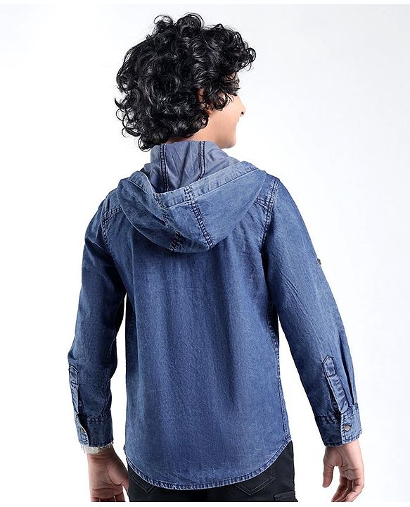 Pine Kids Cotton Woven Full Sleeve Denim Hooded Shirt With Pocket Solid Color- Blue