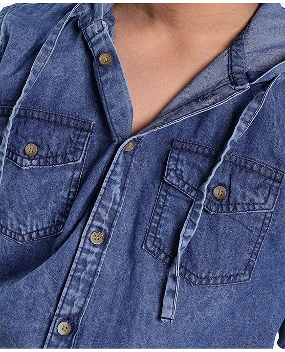 Pine Kids Cotton Woven Full Sleeve Denim Hooded Shirt With Pocket Solid Color- Blue
