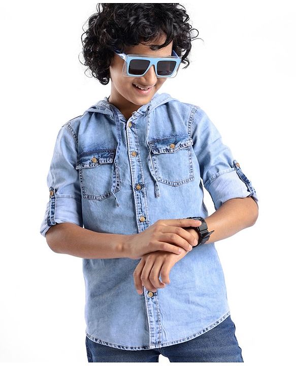 Pine Kids Cotton Woven Full Sleeve Denim Hooded Shirt With Pocket Solid Color- Blue