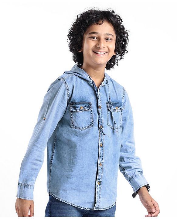 Pine Kids Cotton Woven Full Sleeve Denim Hooded Shirt With Pocket Solid Color- Blue