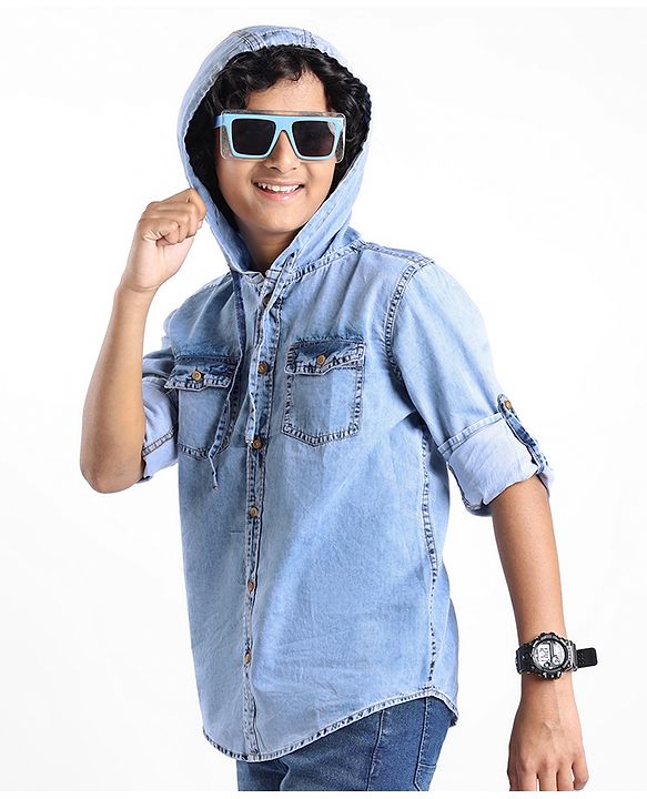 Pine Kids Cotton Woven Full Sleeve Denim Hooded Shirt With Pocket Solid Color- Blue