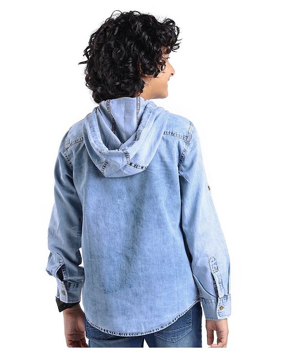 Pine Kids Cotton Woven Full Sleeve Denim Hooded Shirt With Pocket Solid Color- Blue