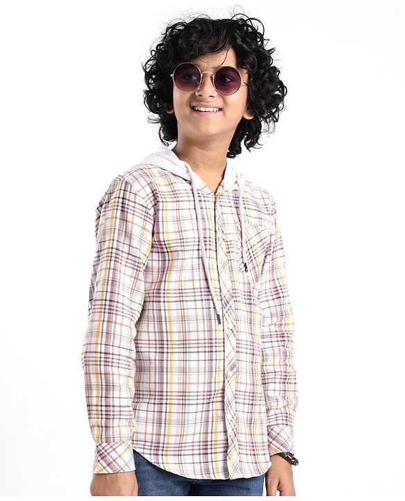 Pine Kids Full Sleeves Hooded Checkered Shirt- Multicolor