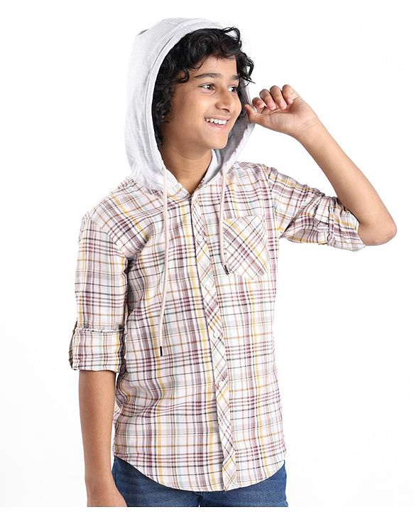 Pine Kids Full Sleeves Hooded Checkered Shirt- Multicolor