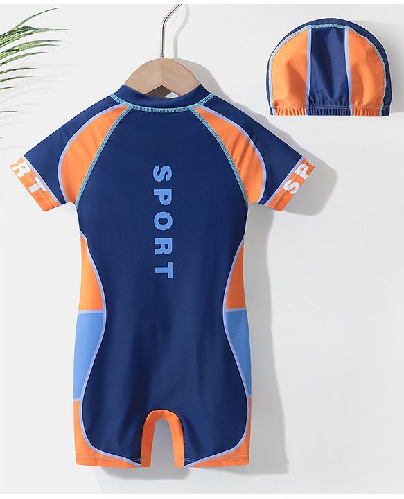 Pine Kids Half Sleeves Legged Swimsuit with  Cap Text Print - Navy Blue