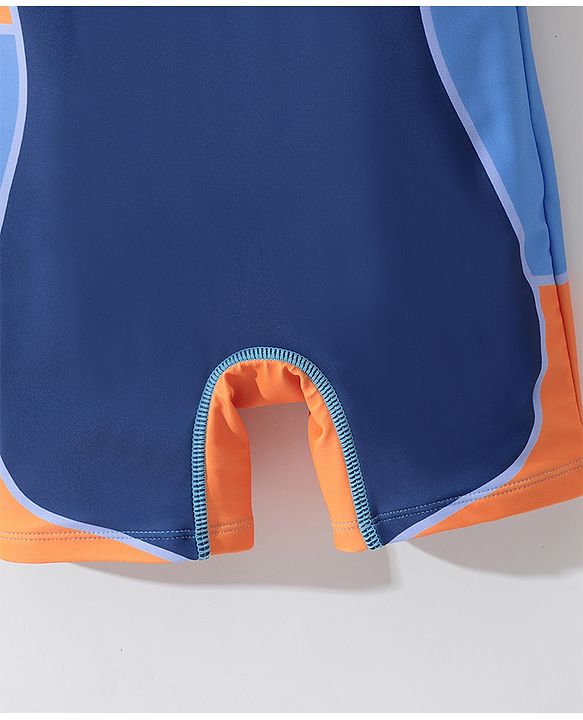 Pine Kids Half Sleeves Legged Swimsuit with  Cap Text Print - Navy Blue