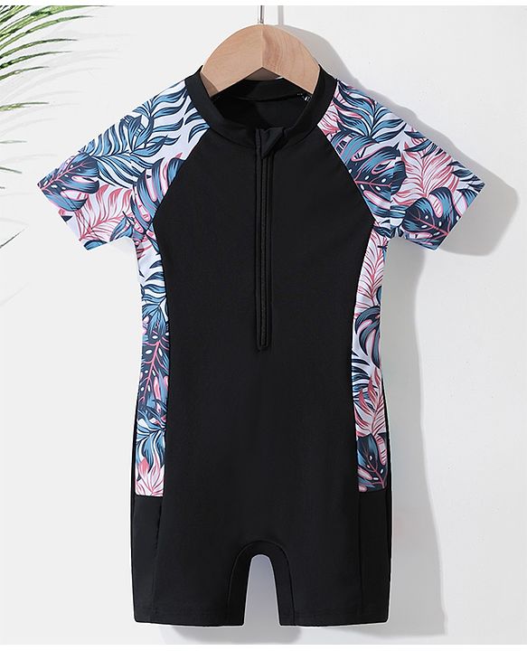 Pine Kids Raglan Half Sleeves Legged Swimsuit Leafy Print - Black