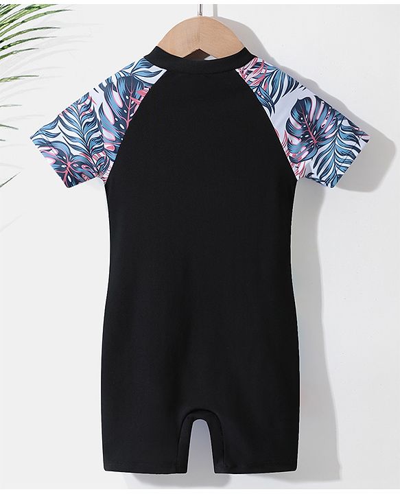Pine Kids Raglan Half Sleeves Legged Swimsuit Leafy Print - Black