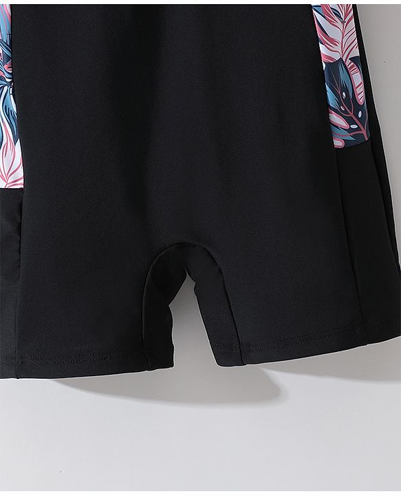 Pine Kids Raglan Half Sleeves Legged Swimsuit Leafy Print - Black
