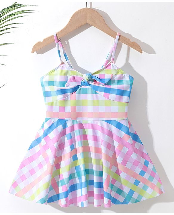 Pine Kids Sleeveless Checkered Frock Style Swimsuit - Multicolor