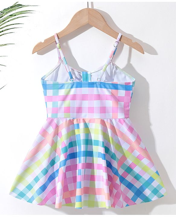 Pine Kids Sleeveless Checkered Frock Style Swimsuit - Multicolor