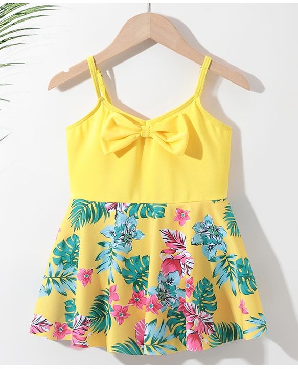 Pine Kids Sleeveless Floral Printed Frock Style Swimsuit with Bow Applique-Yellow