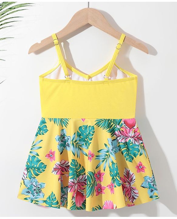 Pine Kids Sleeveless Floral Printed Frock Style Swimsuit with Bow Applique-Yellow