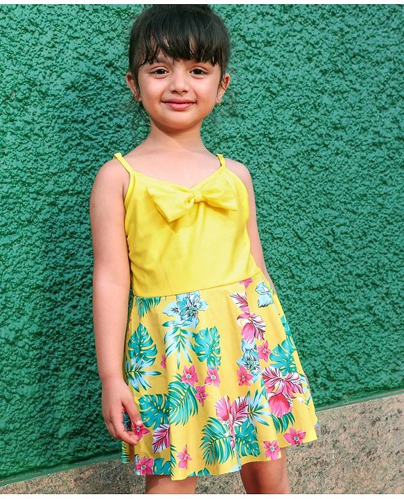 Pine Kids Sleeveless Floral Printed Frock Style Swimsuit with Bow Applique-Yellow