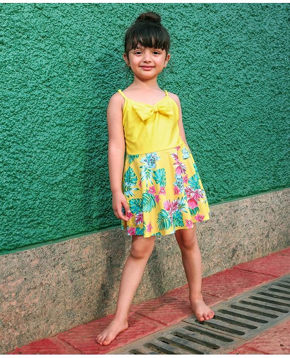 Pine Kids Sleeveless Floral Printed Frock Style Swimsuit with Bow Applique-Yellow