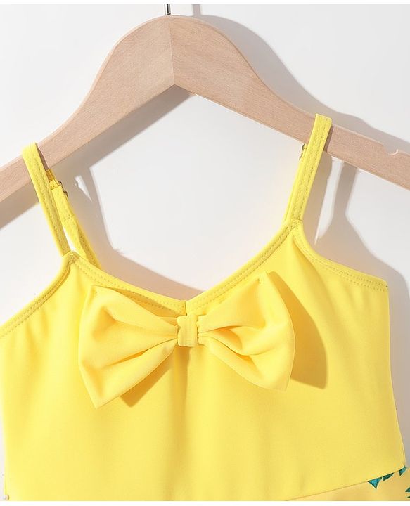 Pine Kids Sleeveless Floral Printed Frock Style Swimsuit with Bow Applique-Yellow