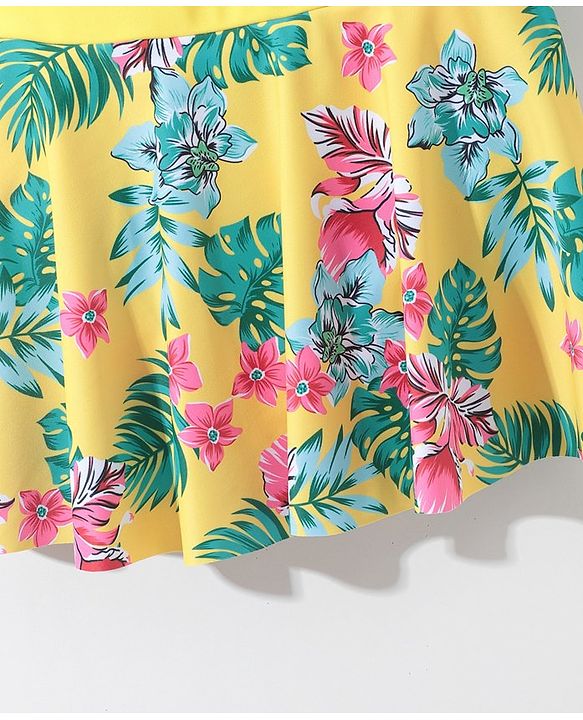 Pine Kids Sleeveless Floral Printed Frock Style Swimsuit with Bow Applique-Yellow