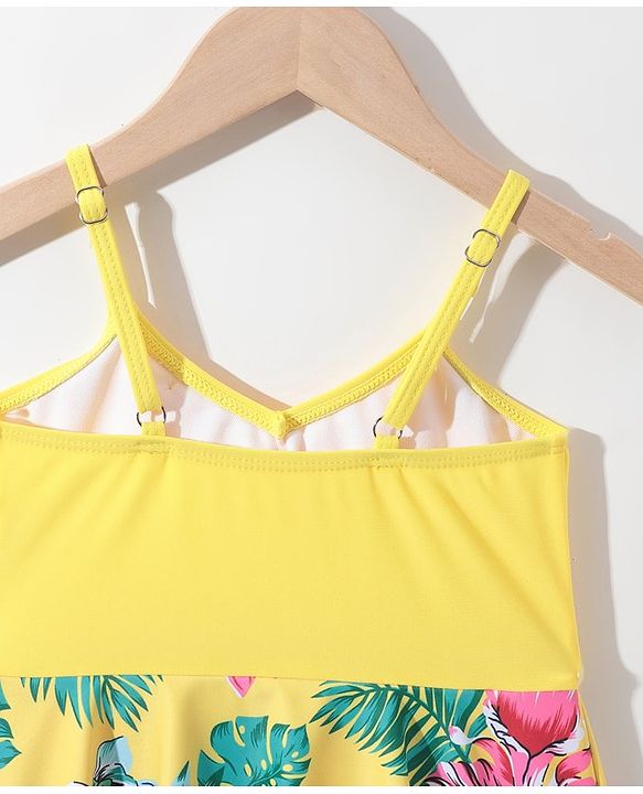 Pine Kids Sleeveless Floral Printed Frock Style Swimsuit with Bow Applique-Yellow