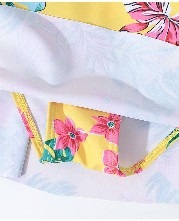 Pine Kids Sleeveless Floral Printed Frock Style Swimsuit with Bow Applique-Yellow