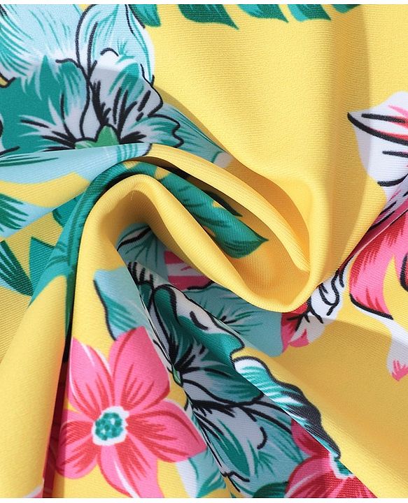 Pine Kids Sleeveless Floral Printed Frock Style Swimsuit with Bow Applique-Yellow