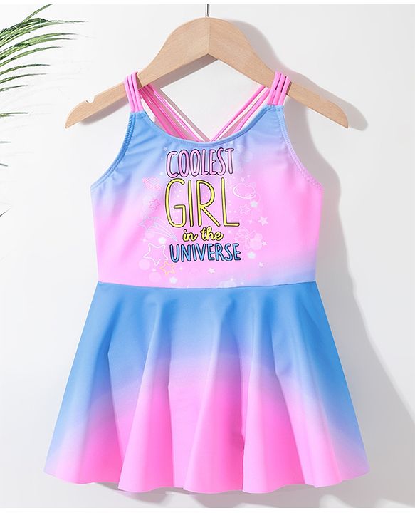 Pine Kids Sleeveless Text Printed Frock Style Swimsuit -Pink