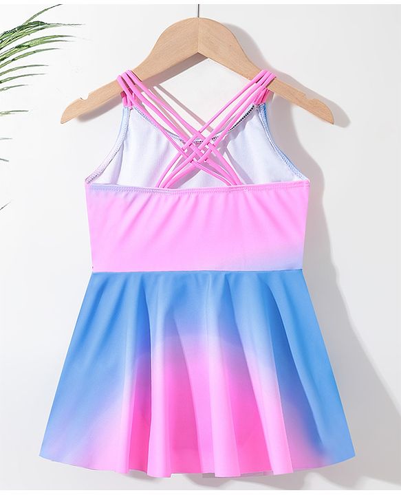 Pine Kids Sleeveless Text Printed Frock Style Swimsuit -Pink
