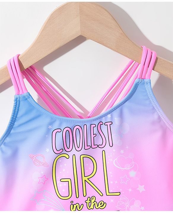 Pine Kids Sleeveless Text Printed Frock Style Swimsuit -Pink