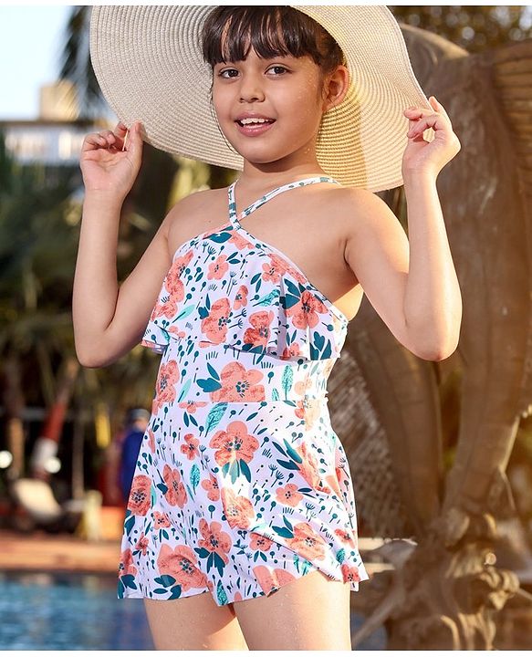 Pine Kids Sleeveless   Frock Style Swimsuit Floral Print - White